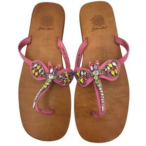 Yellow Box Singer Pink Leather Dragonfly Beaded Rhinestone Flip Flop Sandals 8.5